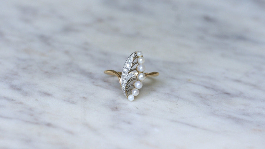 Bague Ancienne Muguet Perles et Diamants - Galerie Pénélope