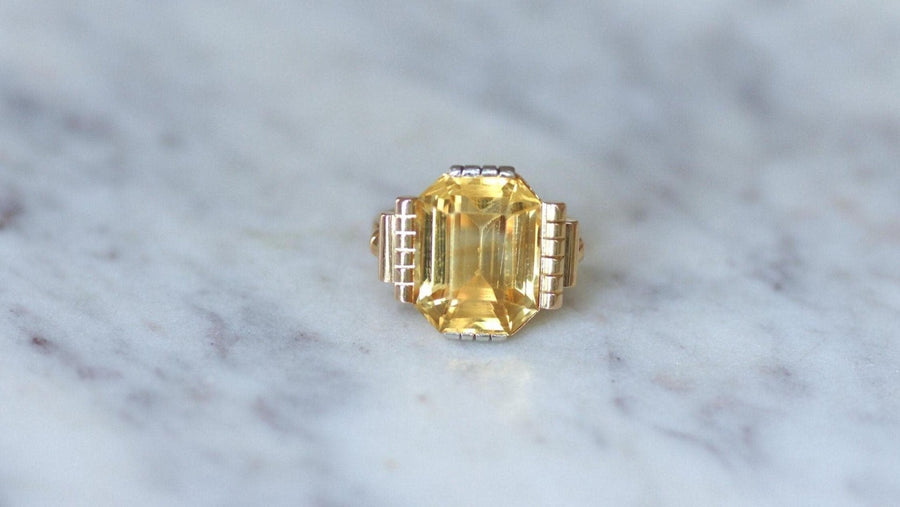 Bague Art Déco Citrine sur Or Jaune et Blanc - Galerie Pénélope