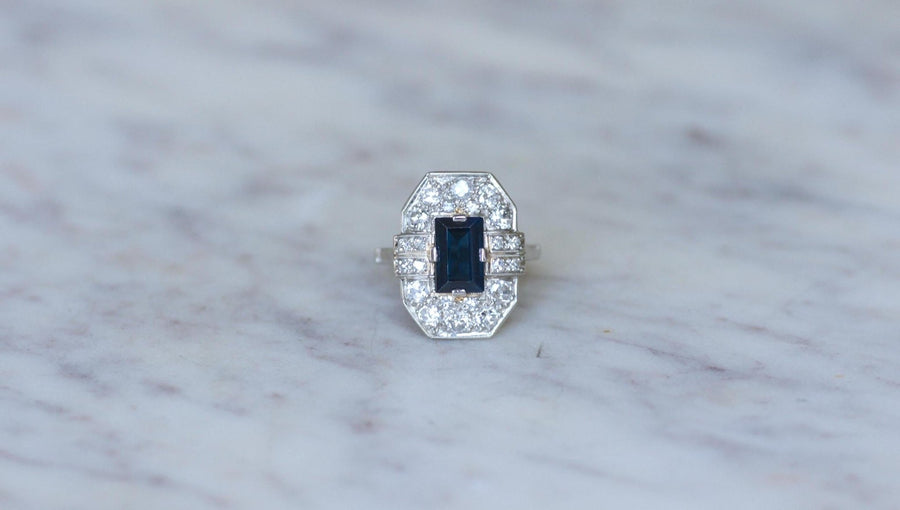 Bague Art Déco Diamants et Saphir Rectangulaire - Galerie Pénélope