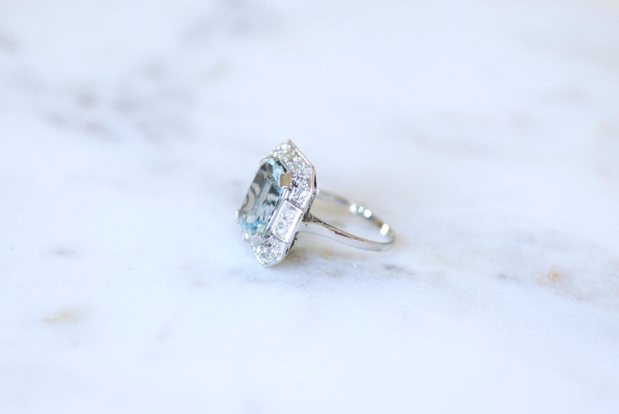 Bague Art Déco Octogonale Aigue - Marine 4,90 Cts et Diamants - Galerie Pénélope