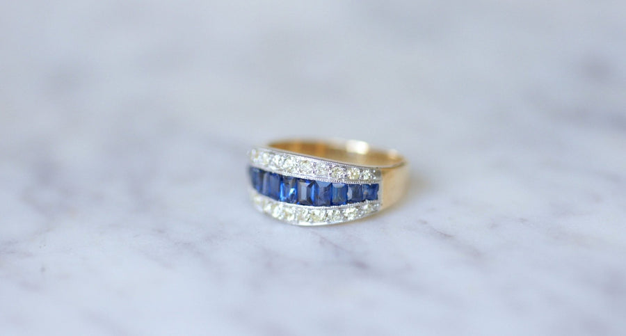 Bague Bandeau Art Deco Saphirs Calibrés et Diamants - Galerie Pénélope