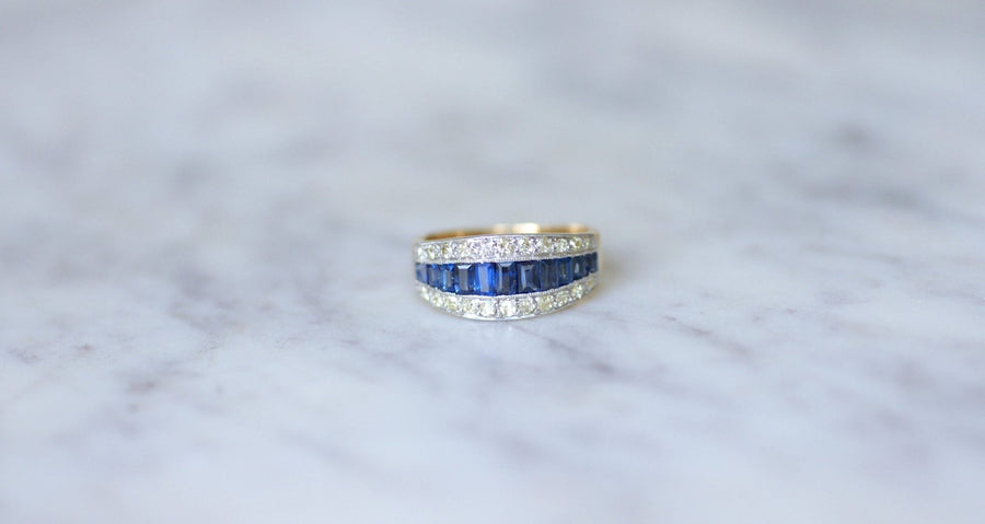 Bague Bandeau Art Deco Saphirs Calibrés et Diamants - Galerie Pénélope