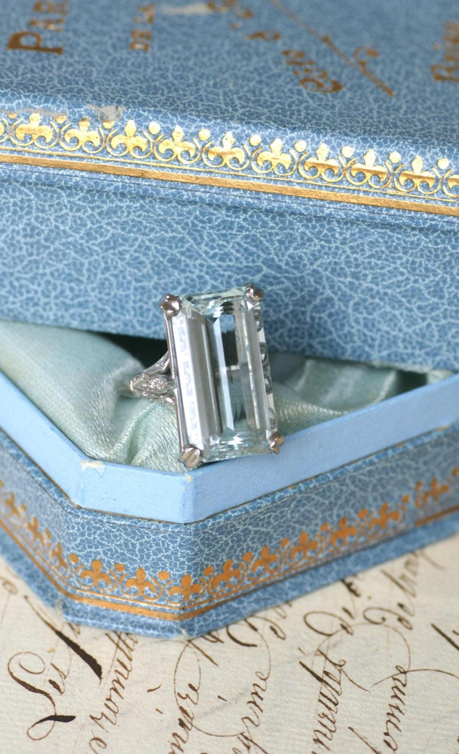 Bague Cocktail Art Déco Aigue Marine & Diamants - Galerie Pénélope