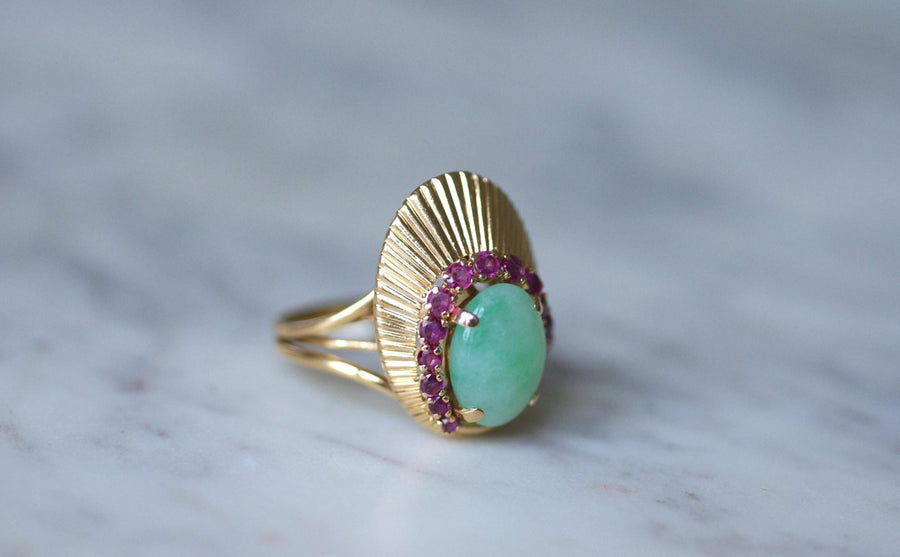 Bague Cocktail Jade et Rubis sur Or Jaune - Galerie Pénélope