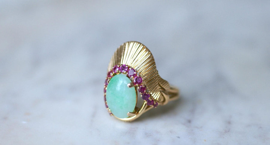 Bague Cocktail Jade et Rubis sur Or Jaune - Galerie Pénélope