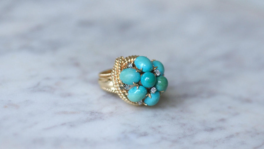 Bague Cocktail Turquoises et Diamants sur Or Jaune - Galerie Pénélope