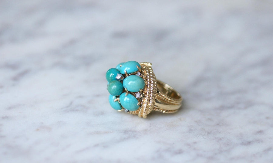 Bague Cocktail Turquoises et Diamants sur Or Jaune - Galerie Pénélope