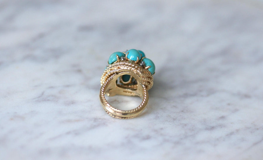 Bague Cocktail Turquoises et Diamants sur Or Jaune - Galerie Pénélope