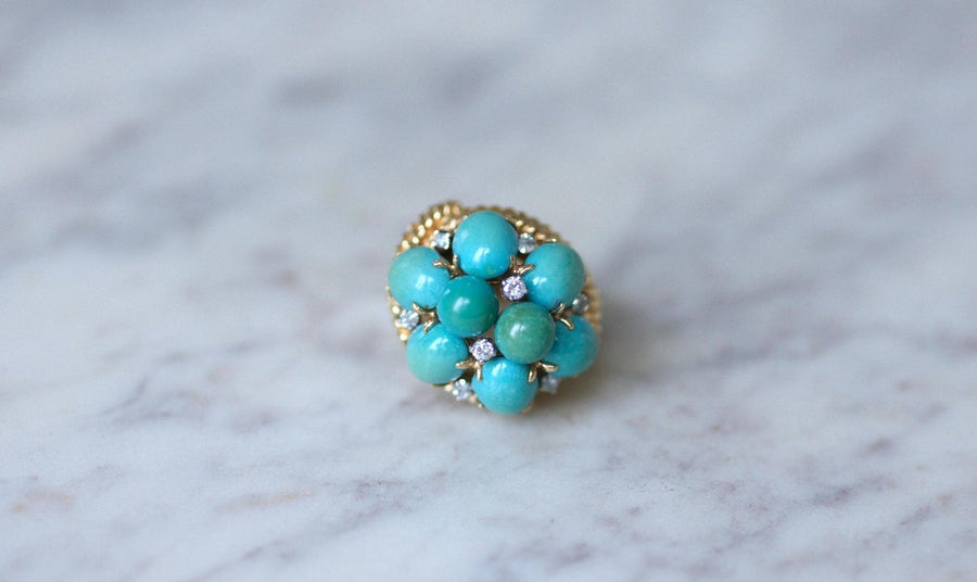 Bague Cocktail Turquoises et Diamants sur Or Jaune - Galerie Pénélope