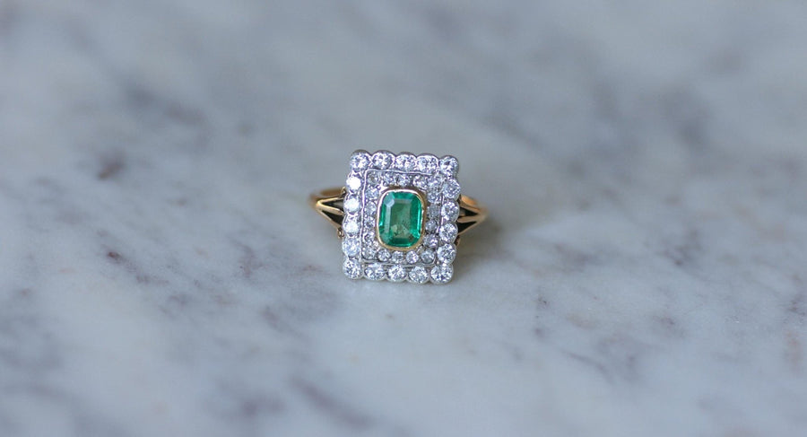 Bague Emeraude Colombienne Double Entourage Diamants - Galerie Pénélope