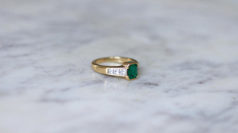 Bague Emeraude et Diamant Princesse sur Or Jaune - Galerie Pénélope