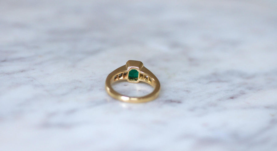 Bague Emeraude et Diamant Princesse sur Or Jaune - Galerie Pénélope