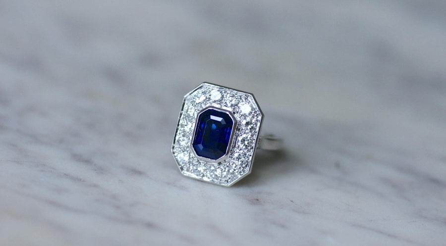 Bague Hexagonale Saphir et Diamants en Platine - Galerie Pénélope