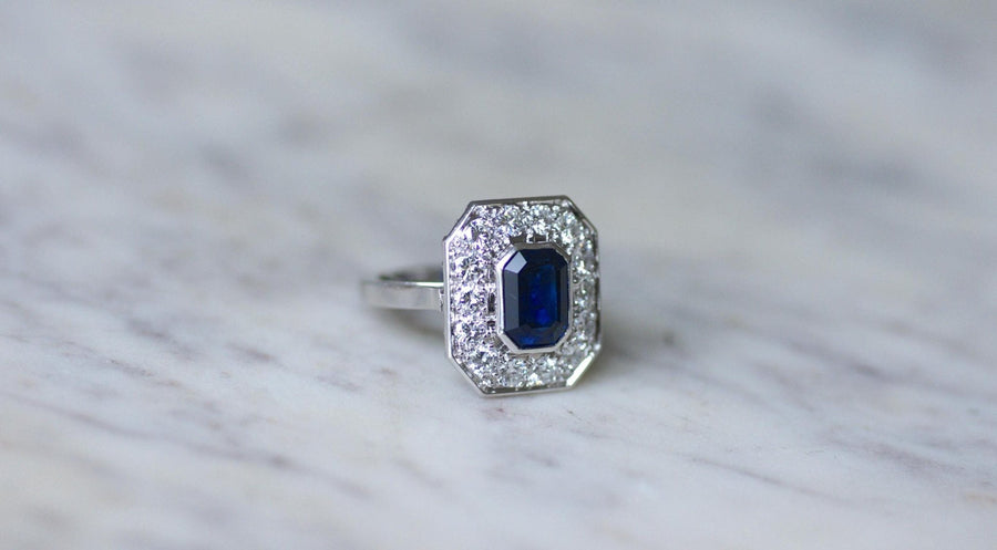 Bague Hexagonale Saphir et Diamants en Platine - Galerie Pénélope