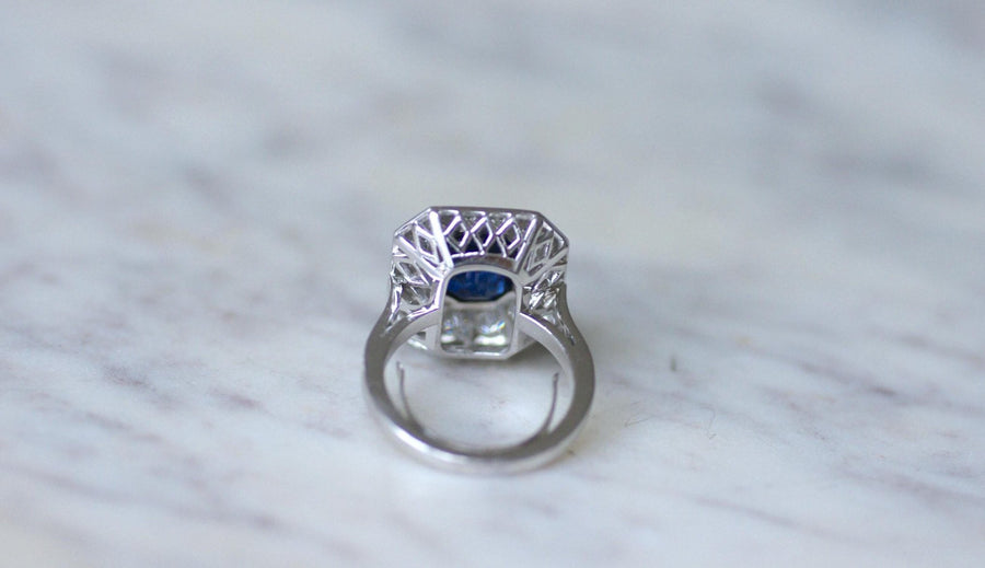 Bague Hexagonale Saphir et Diamants en Platine - Galerie Pénélope