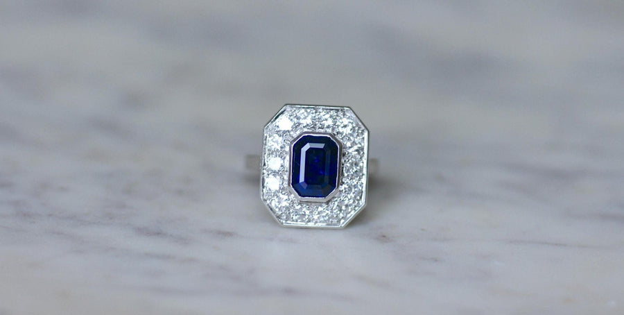 Bague Hexagonale Saphir et Diamants en Platine - Galerie Pénélope