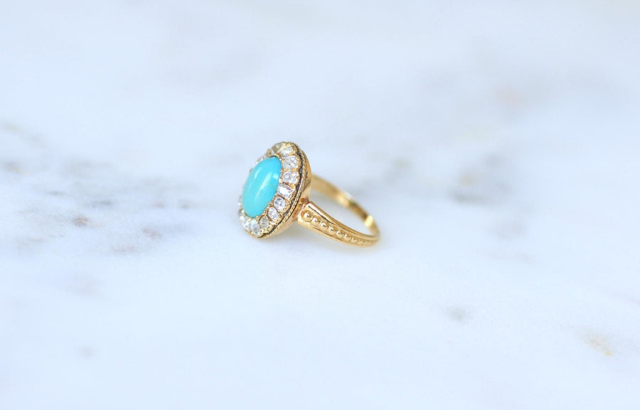Bague Marguerite Ancienne Turquoise et Diamants - Galerie Pénélope