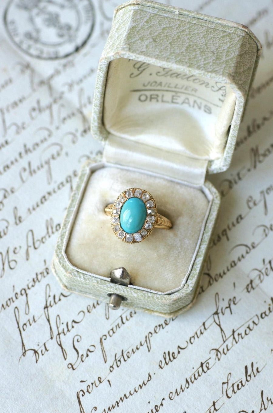 Bague Marguerite Ancienne Turquoise et Diamants - Galerie Pénélope
