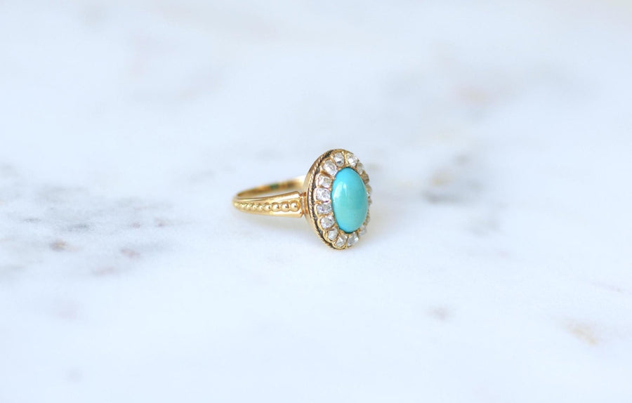 Bague Marguerite Ancienne Turquoise et Diamants - Galerie Pénélope