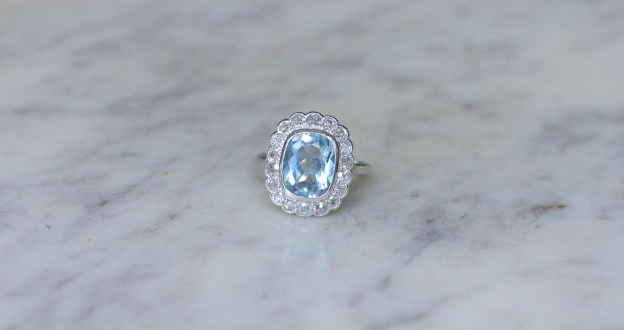 Bague Marguerite Art Deco Aigue Marine et Diamants - Galerie Pénélope