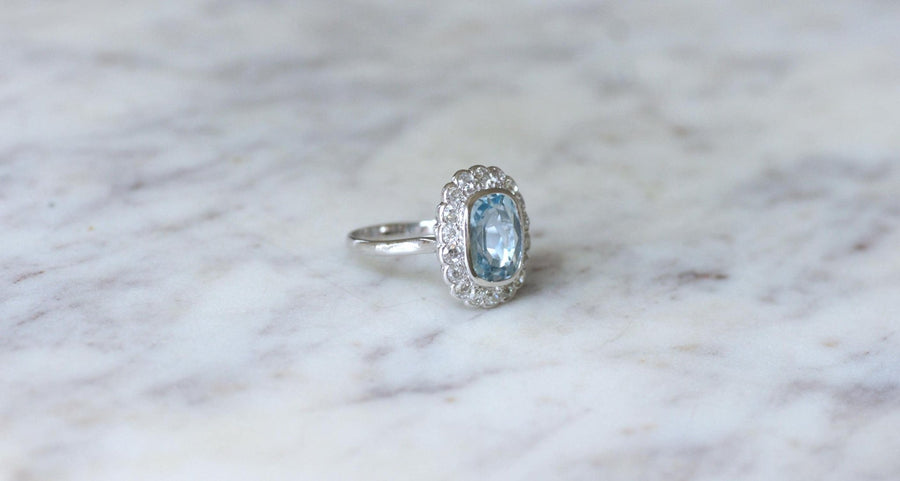 Bague Marguerite Art Deco Aigue Marine et Diamants - Galerie Pénélope