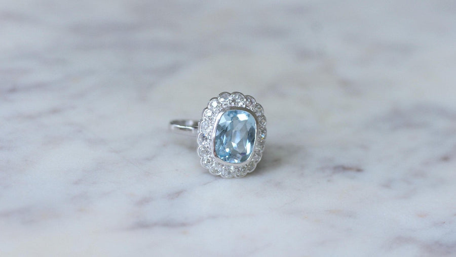 Bague Marguerite Art Deco Aigue Marine et Diamants - Galerie Pénélope