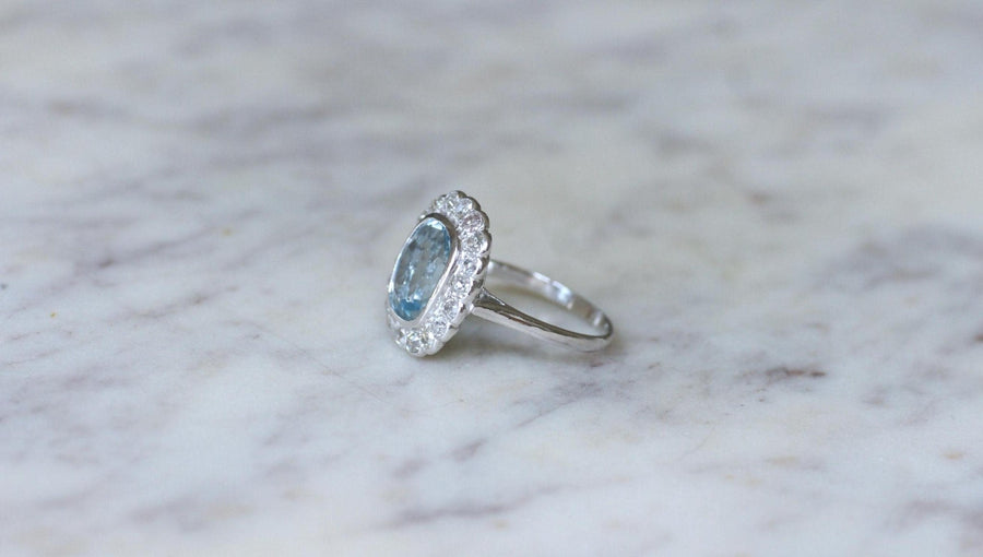 Bague Marguerite Art Deco Aigue Marine et Diamants - Galerie Pénélope