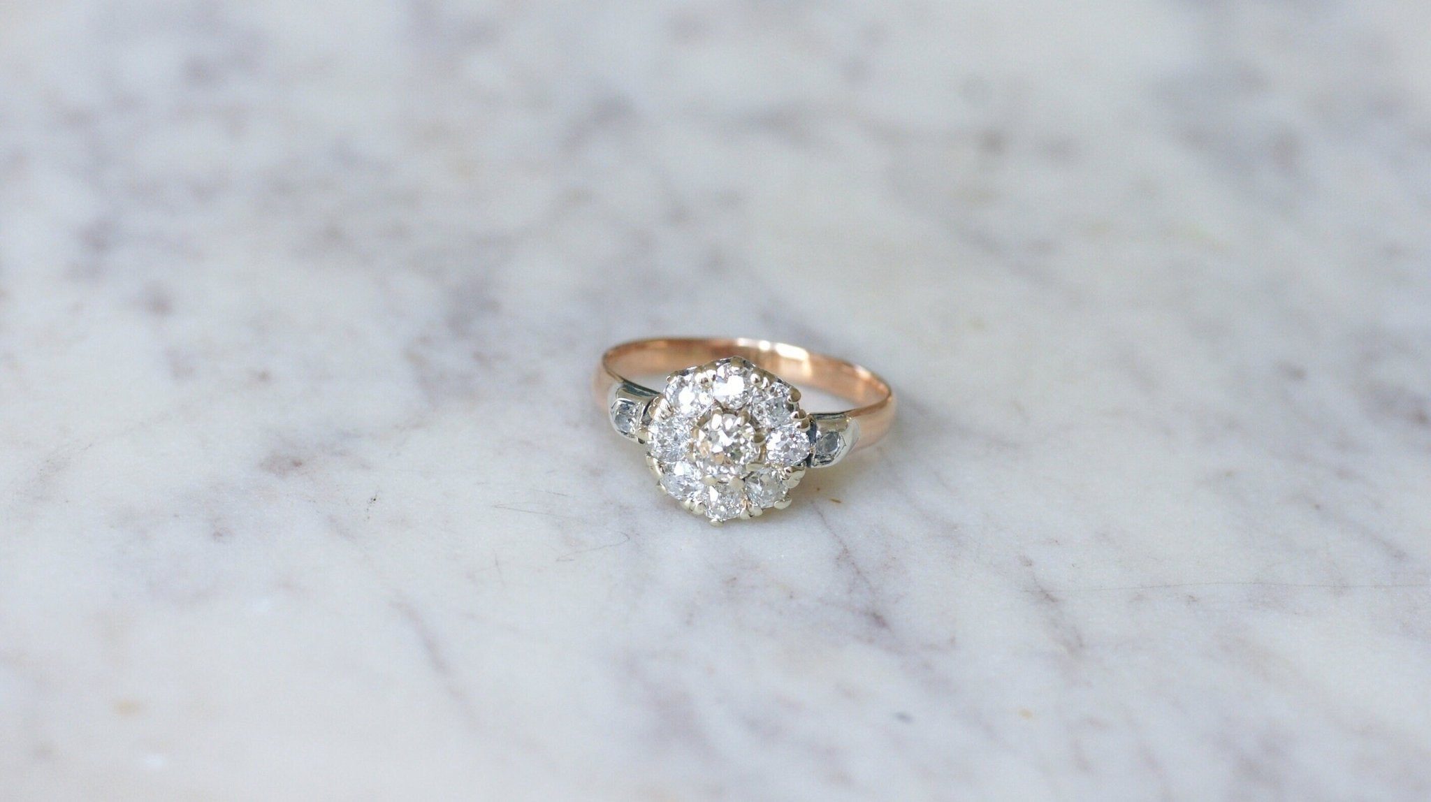 Bague Marguerite Antique Or 18k Avec Diamant Taille Rose 0,70ct Et Perle - Taille 52, Circa 1880