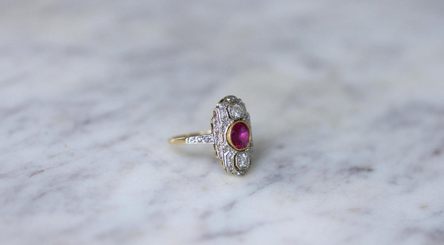 Bague Marquise Art Déco Rubis Birman et Diamants - Galerie Pénélope