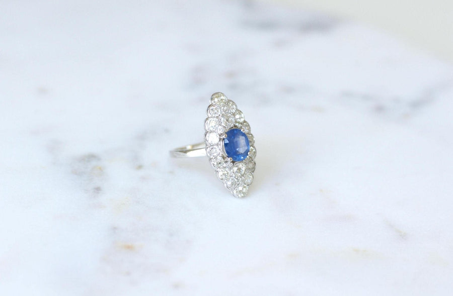 Bague Marquise Saphir de Ceylan 2.20 Cts et Diamants - Galerie Pénélope