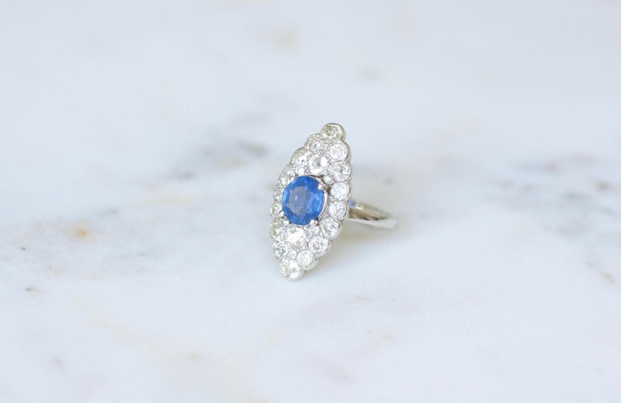 Bague Marquise Saphir de Ceylan 2.20 Cts et Diamants - Galerie Pénélope