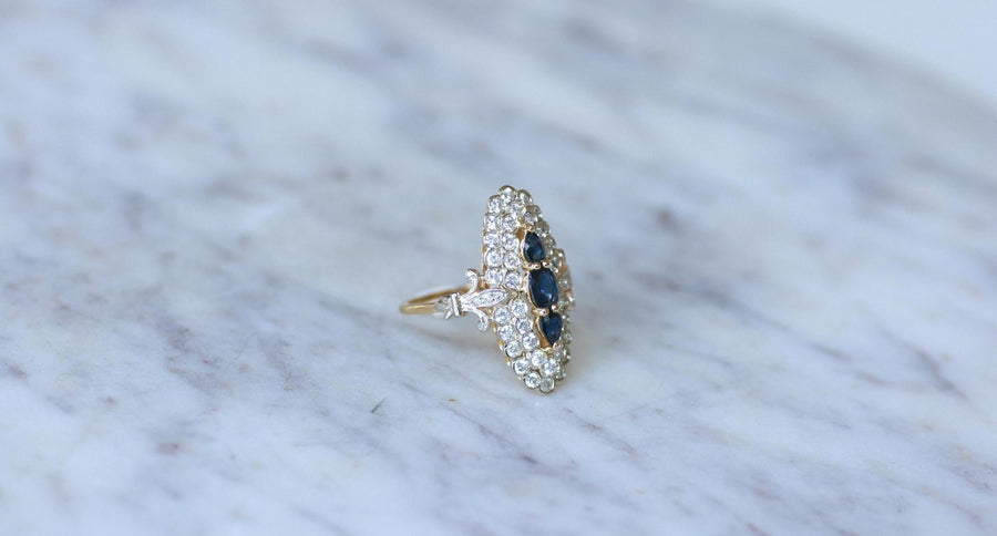 Bague Marquise Saphirs et Diamants Or Jaune - Galerie Pénélope