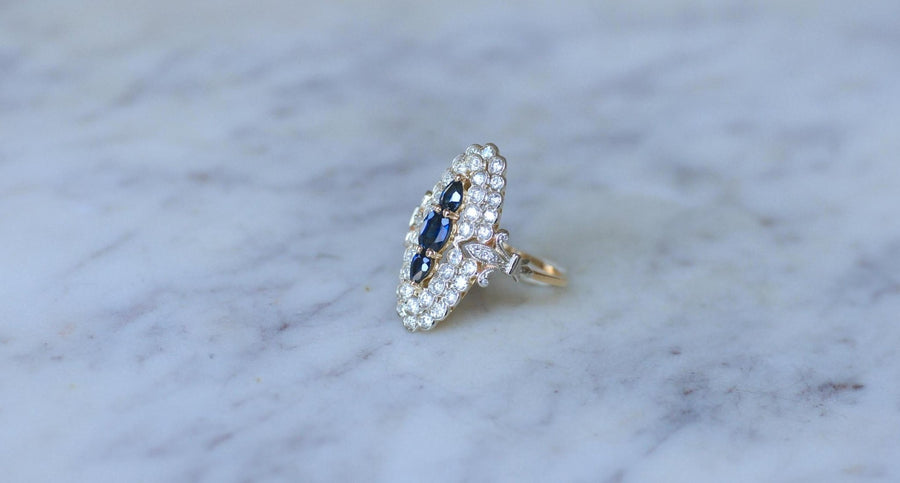 Bague Marquise Saphirs et Diamants Or Jaune - Galerie Pénélope