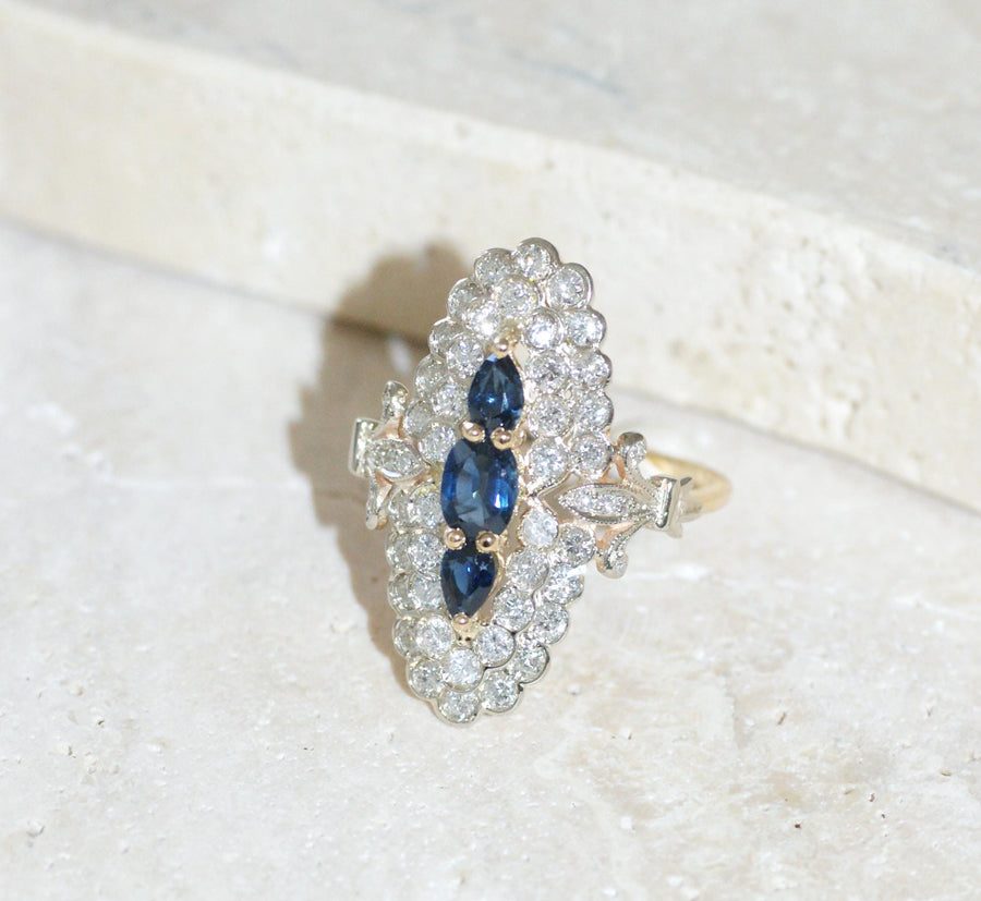 Bague Marquise Saphirs et Diamants Or Jaune - Galerie Pénélope