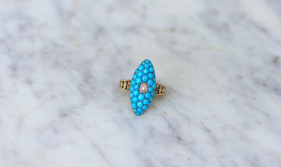 Bague Marquise Turquoises et Diamant - Galerie Pénélope