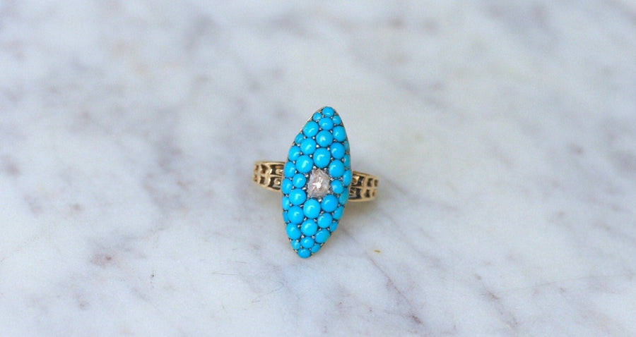 Bague Marquise Turquoises et Diamant - Galerie Pénélope