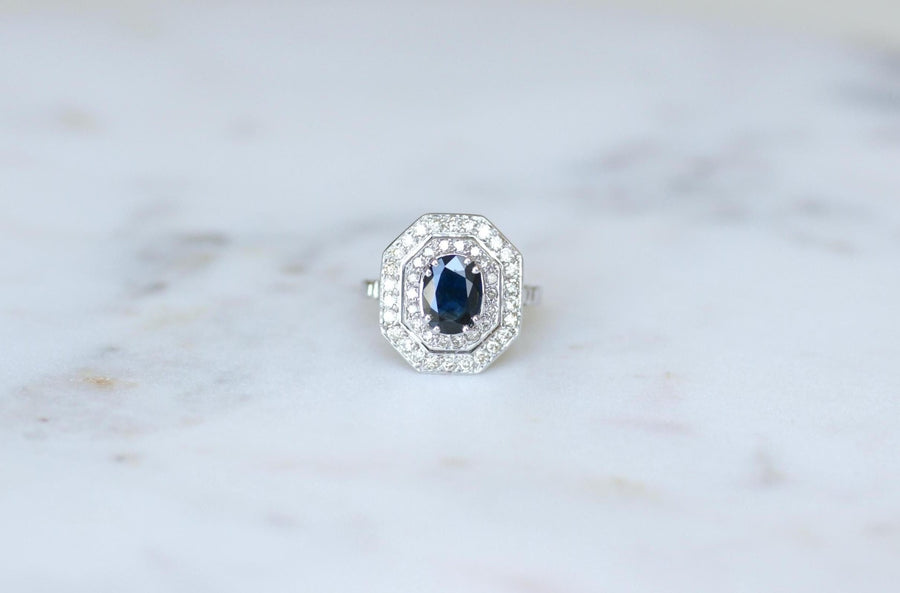 Bague Octogonale Saphir et Diamants Style Art Déco - Galerie Pénélope