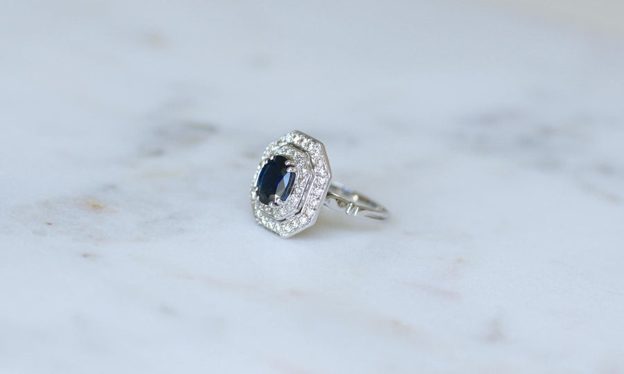 Bague Octogonale Saphir et Diamants Style Art Déco - Galerie Pénélope