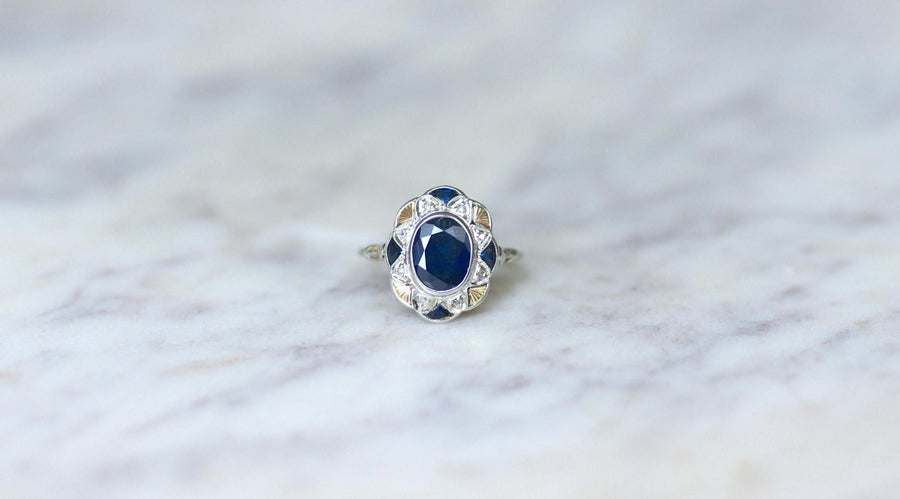 Bague Rosace Art Déco Saphir et Diamants - Galerie Pénélope