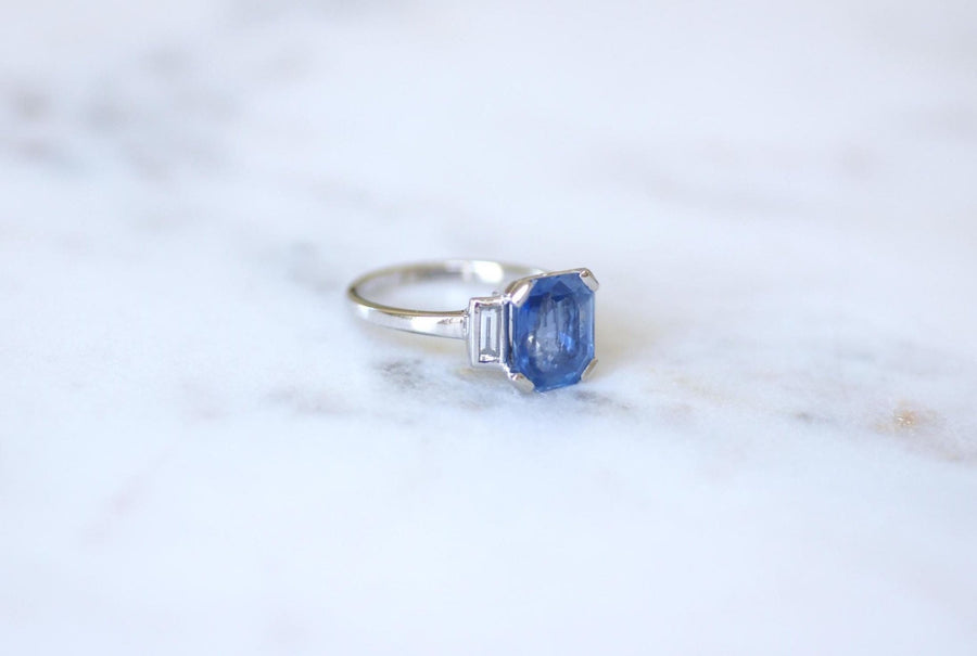 Bague Saphir Ceylan Non Chauffé 4,00 Cts et Diamants Baguettes - Galerie Pénélope