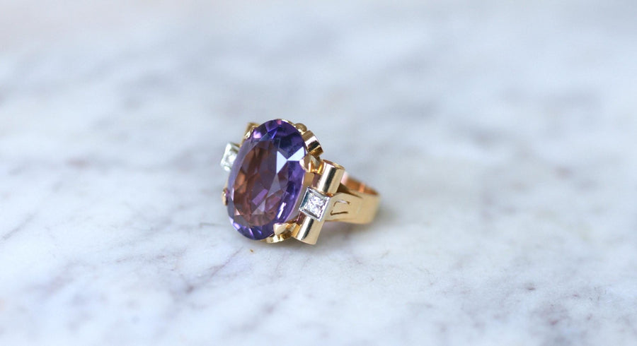 Bague Tank Améthyste et Diamants sur Or Jaune - Galerie Pénélope