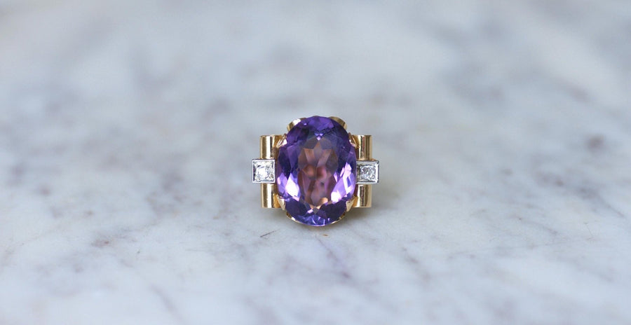 Bague Tank Améthyste et Diamants sur Or Jaune - Galerie Pénélope