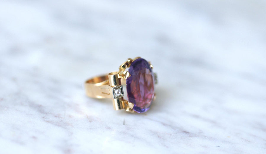 Bague Tank Améthyste et Diamants sur Or Jaune - Galerie Pénélope