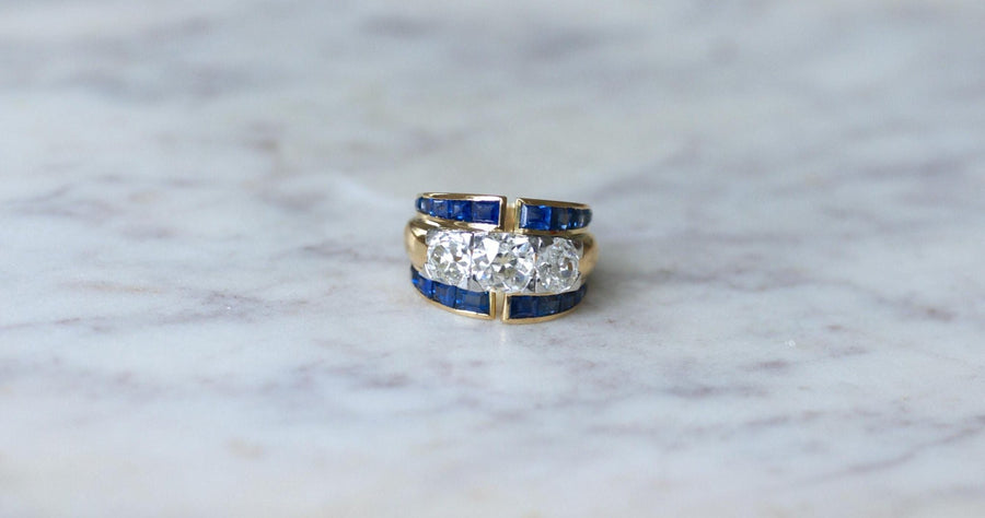 Bague Tank Asymétrique Diamants et Saphirs - Galerie Pénélope