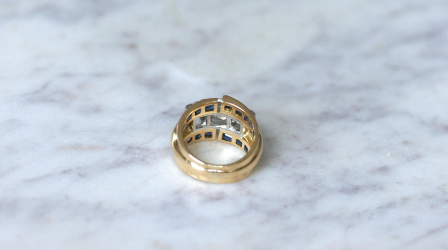 Bague Tank Asymétrique Diamants et Saphirs - Galerie Pénélope