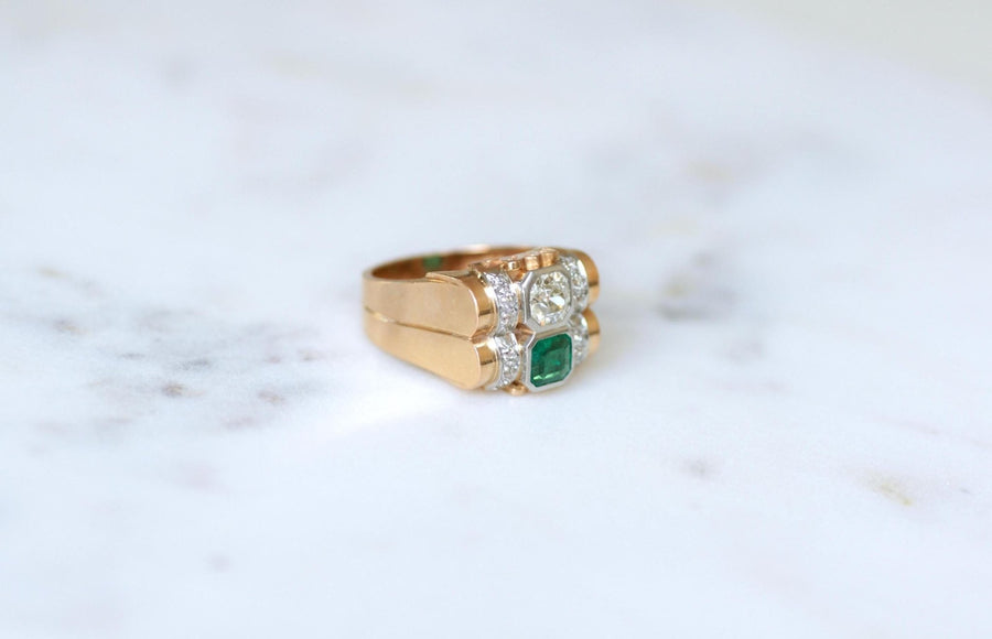 Bague Tank Emeraude Colombienne et Diamants - Galerie Pénélope