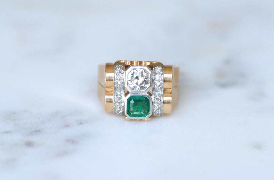 Bague Tank Emeraude Colombienne et Diamants - Galerie Pénélope