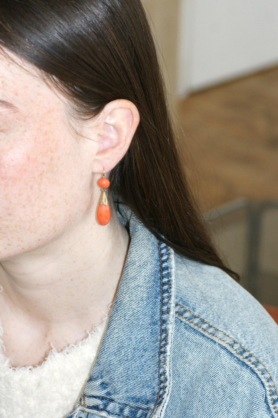 Boucles d'Oreilles Anciennes Goutte Corail et Diamant - Galerie Pénélope