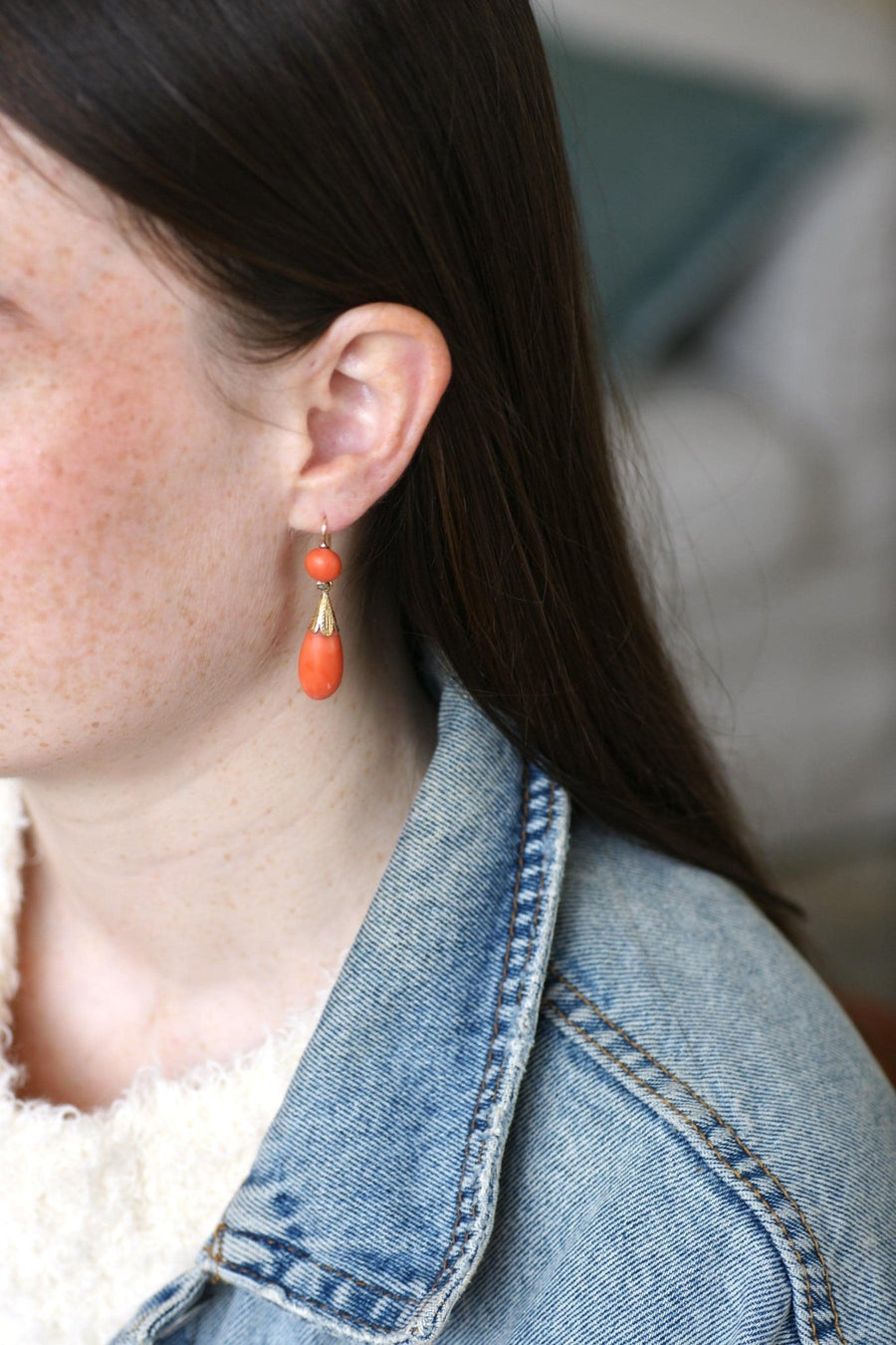 Boucles d'Oreilles Anciennes Goutte Corail et Diamant - Galerie Pénélope