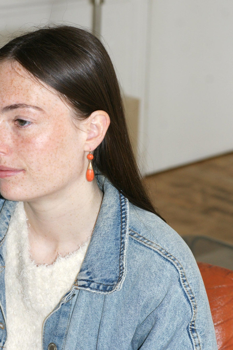 Boucles d'Oreilles Anciennes Goutte Corail et Diamant - Galerie Pénélope